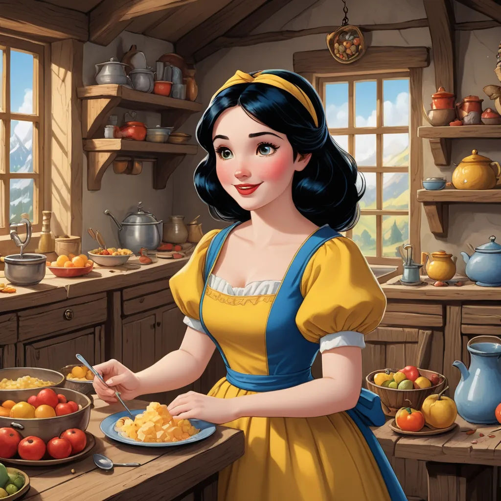 a woman in a yellow dress is holding a plate of food in a kitchen with a window and a pot of fruit, fantasy art, a storybook illustration, Aramenta Dianthe Vail, storybook illustration