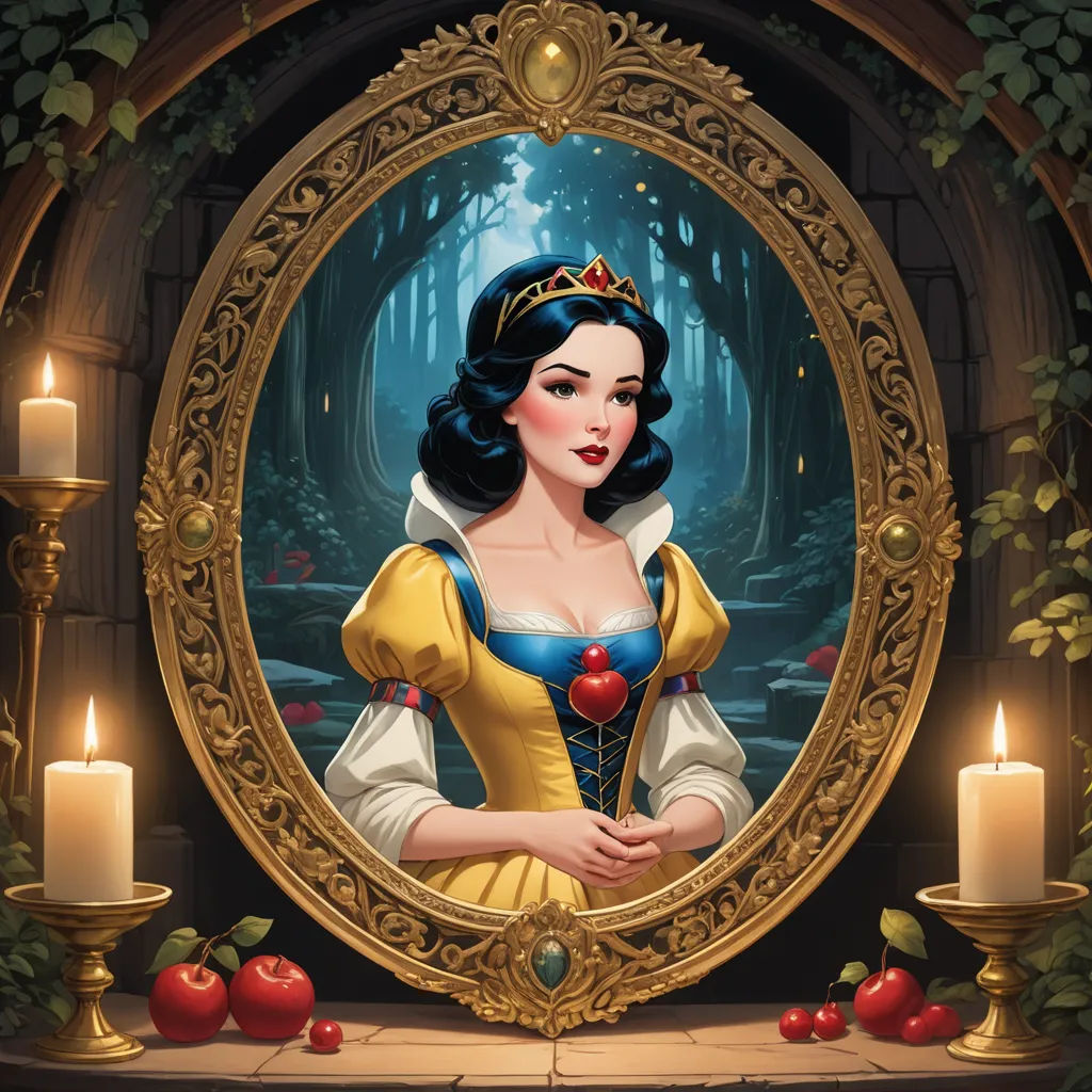 a painting of snow white in a golden frame with candles around her and a forest scene behind her, with a candle lit area and a candle lit candle lit, fantasy art, an ultrafine detailed painting, Edwin Georgi, rossdraws global illumination