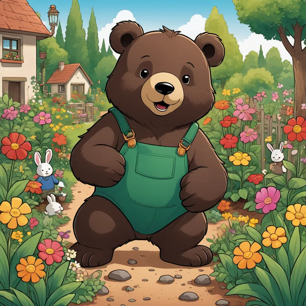 a bear is standing in a garden with flowers and a house in the background with a rabbit in the foreground, furry art, a storybook illustration, Cedric Seaut, official art