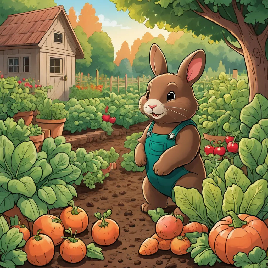 a rabbit in a garden with pumpkins and a house in the background illustration by john wyee, context art, a storybook illustration, Beatrix Potter, storybook illustration