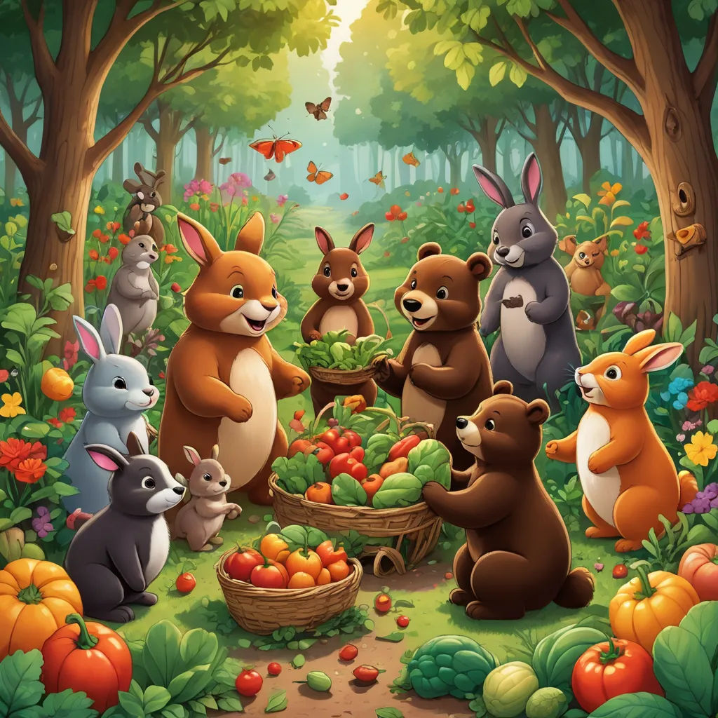 a group of animals standing around a basket of fruit in a forest with butterflies and flowers on the trees, ecological art, a storybook illustration, Chris LaBrooy, storybook illustration