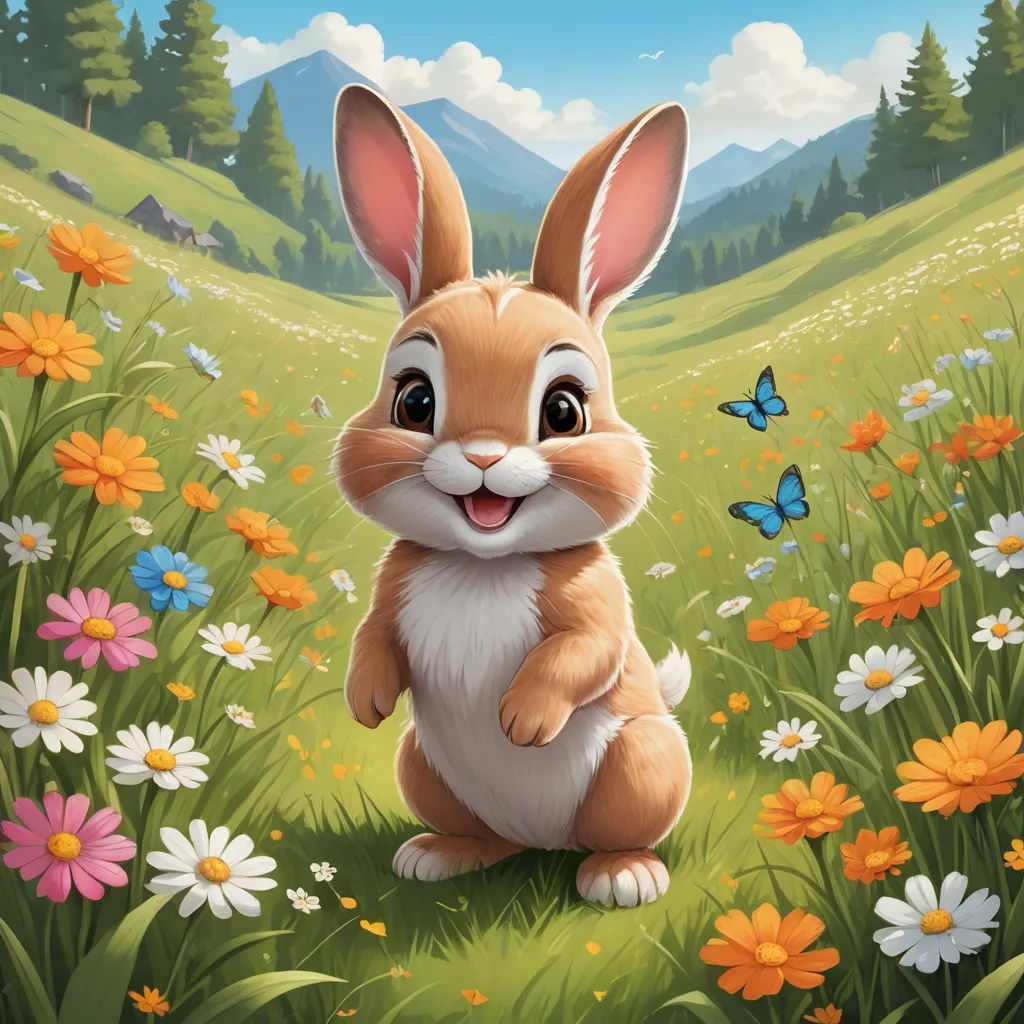a cartoon bunny sitting in a field of flowers with a butterfly flying overhead in the background of the picture, furry art, a digital painting, Chris LaBrooy, professional digital painting