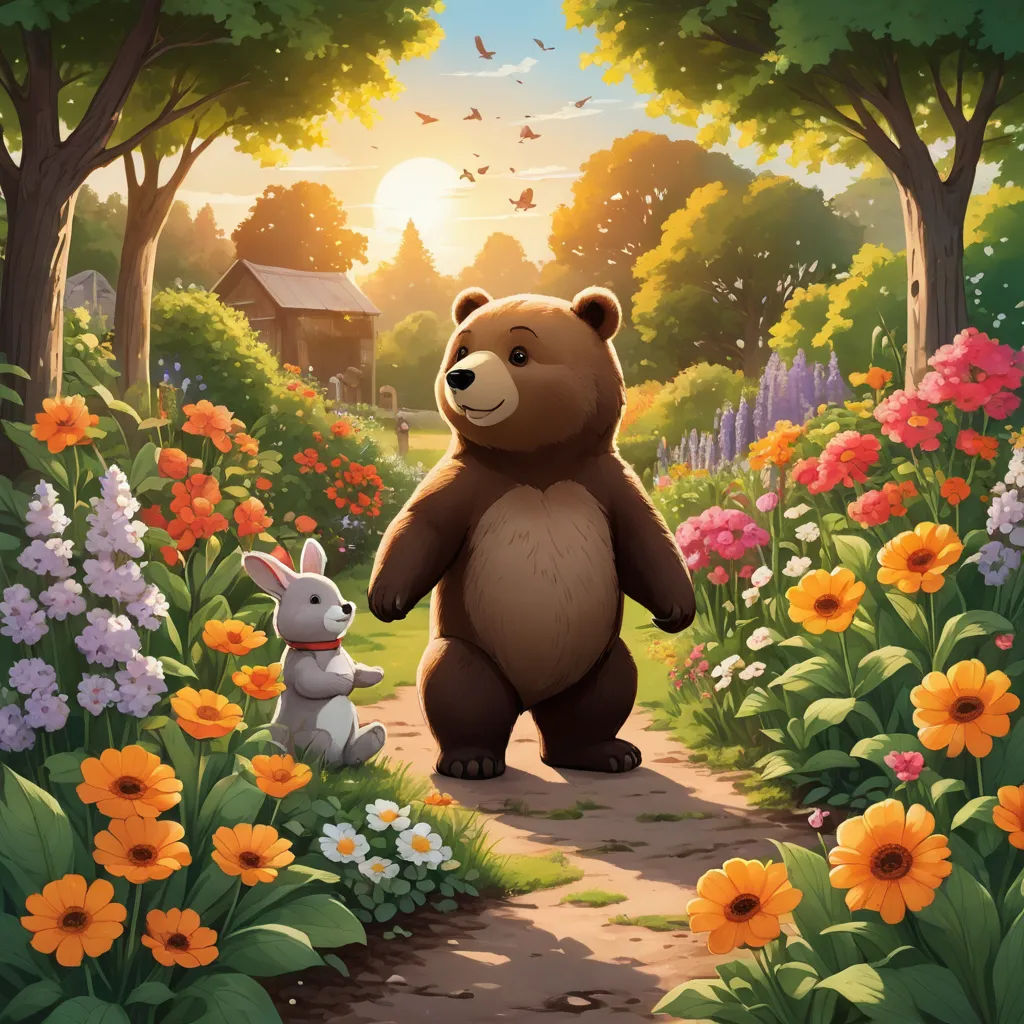 a brown bear standing next to a bunny on a path in a field of flowers and trees with a house in the background, sots art, a storybook illustration, Chris LaBrooy, official art
