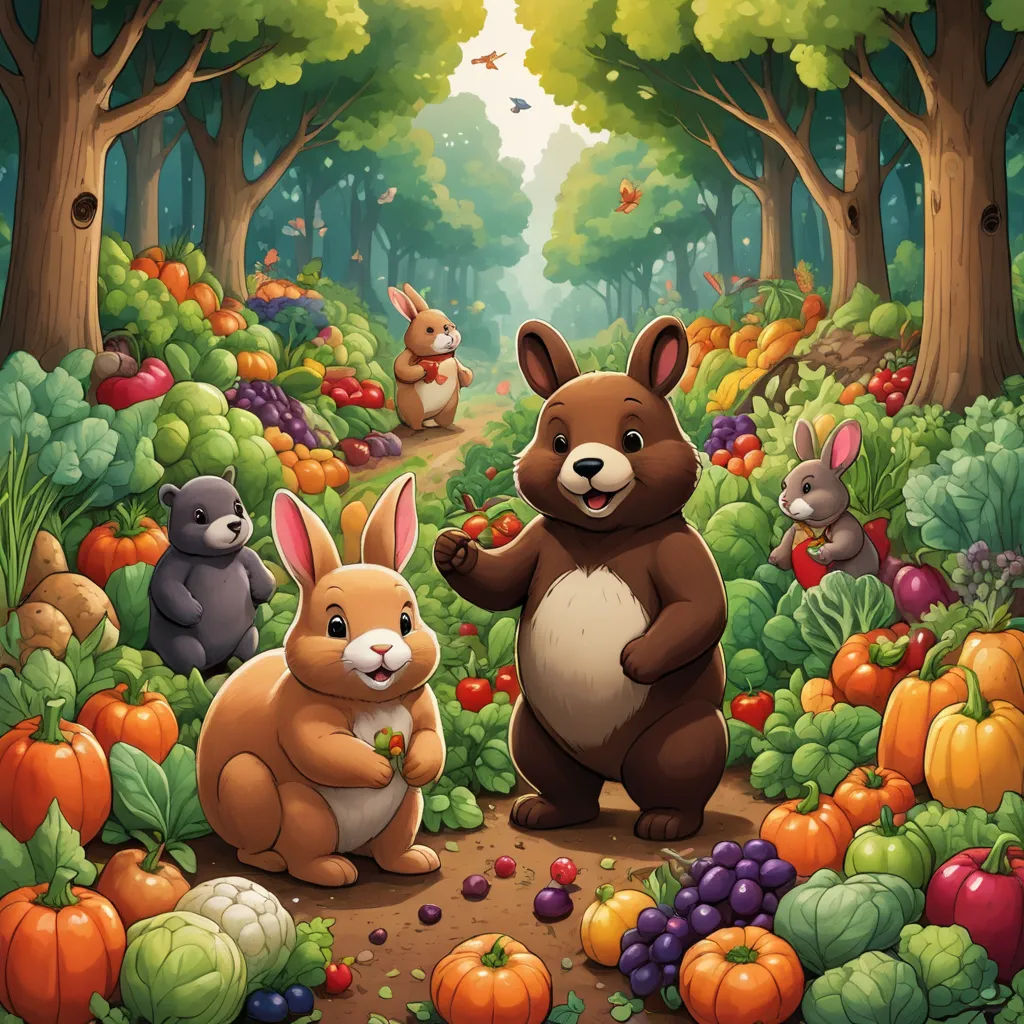 a painting of a forest with rabbits and pumpkins and a forest with trees and bushes and pumpkins, sots art, a storybook illustration, Chris LaBrooy, official art