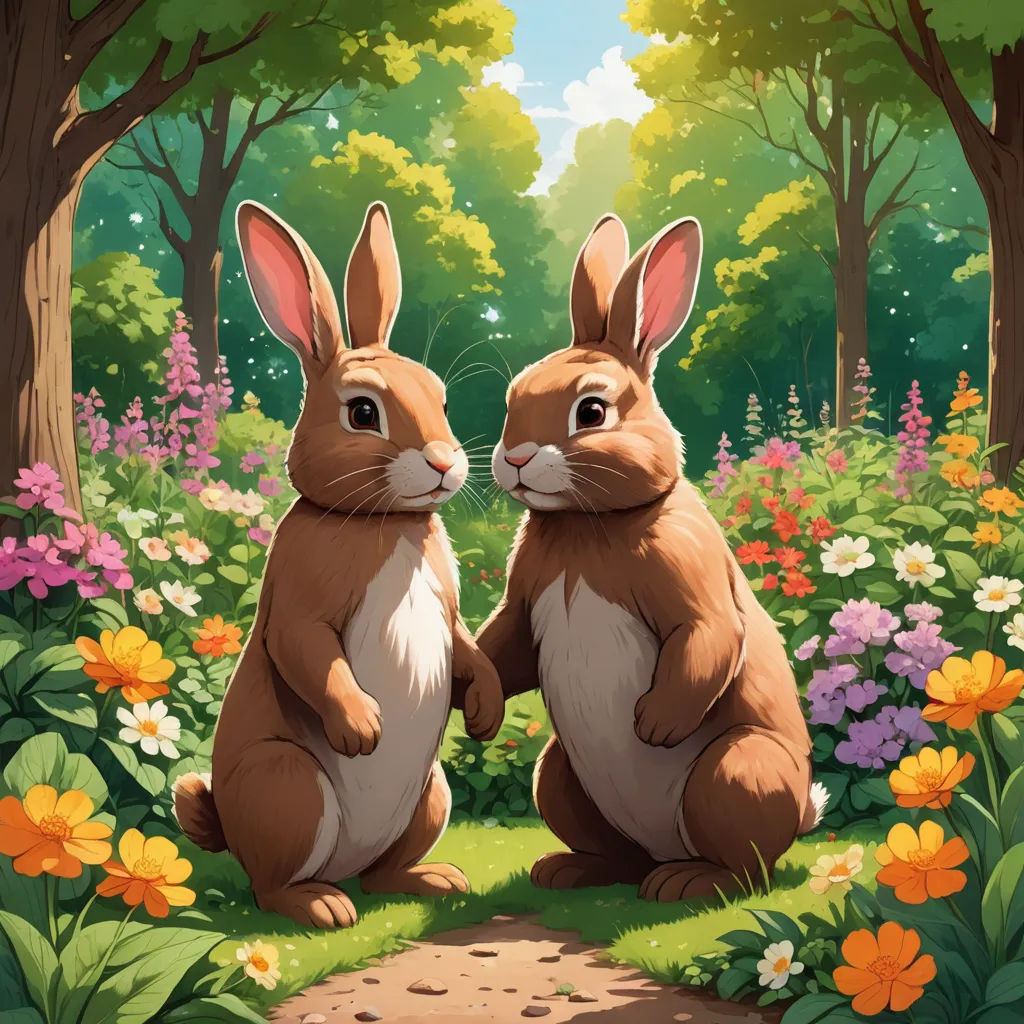 two rabbits sitting in the middle of a forest with flowers and trees around them, looking at each other, furry art, a storybook illustration, Chris LaBrooy, official art