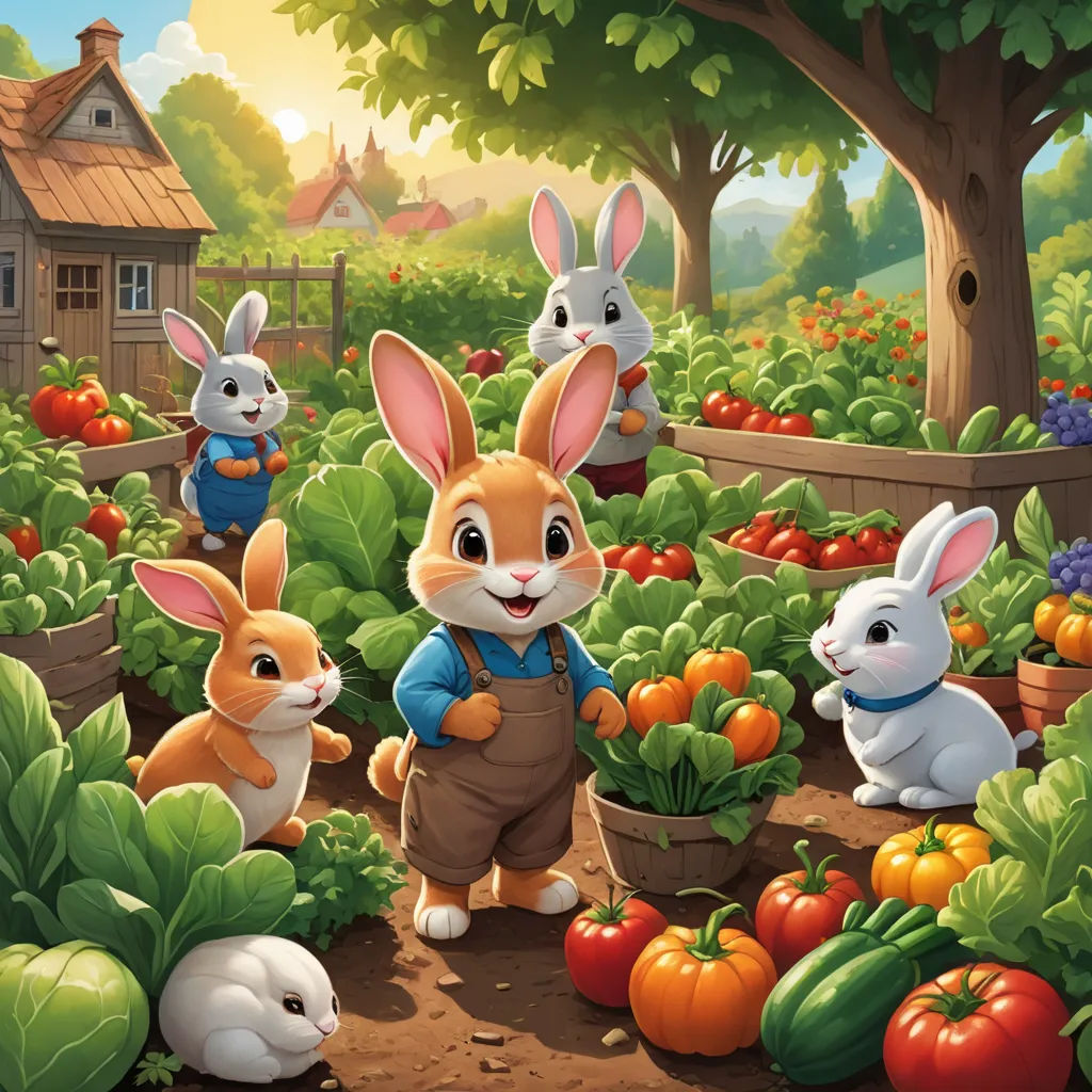 a painting of rabbits in a garden with tomatoes and carrots in the background and a house in the background, furry art, a storybook illustration, Beatrix Potter, official art