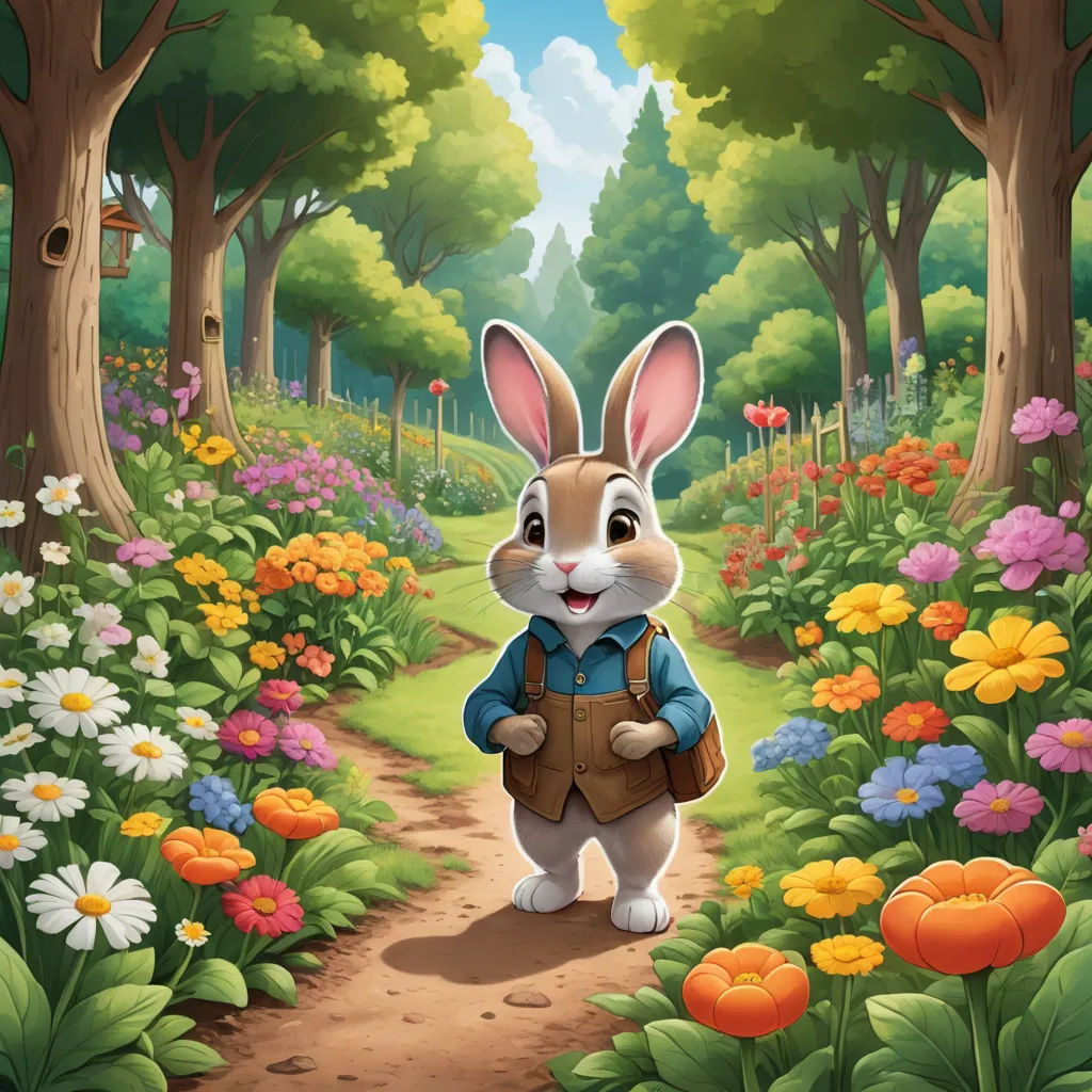 a rabbit is standing in the middle of a flower garden with a forest background and flowers around it, and a path leading to the center of the forest, naive art, a storybook illustration, Beatrix Potter, official art