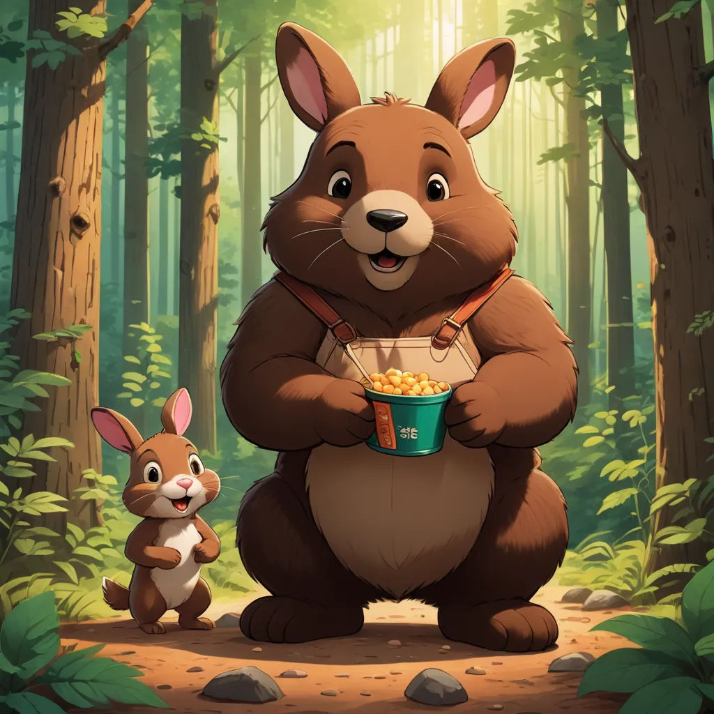 a cartoon bear and a bunny are in the woods eating popcorn from a bucket and eating a snack from a bowl, furry art, a storybook illustration, Chris LaBrooy, official art
