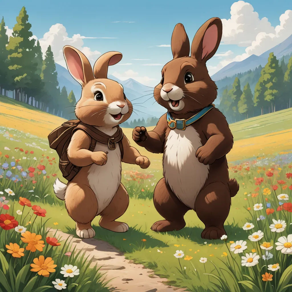 two rabbits are standing in a field of flowers and grass, one is holding the other's hand, furry art, a storybook illustration, Brothers Hildebrandt, official art