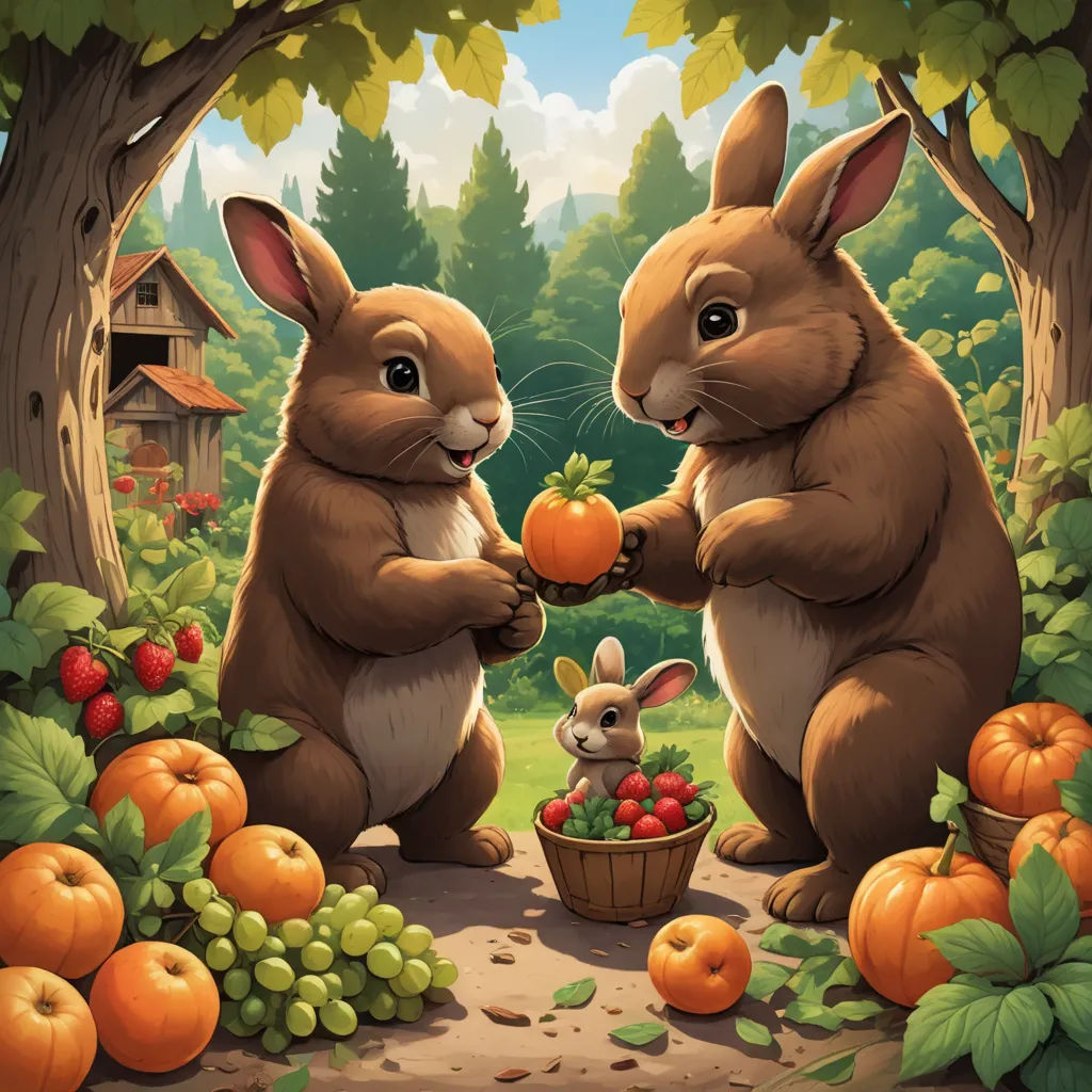two rabbits are holding a basket of fruit in a forest setting with pumpkins and grapes on the ground, furry art, a storybook illustration, Chris LaBrooy, official art