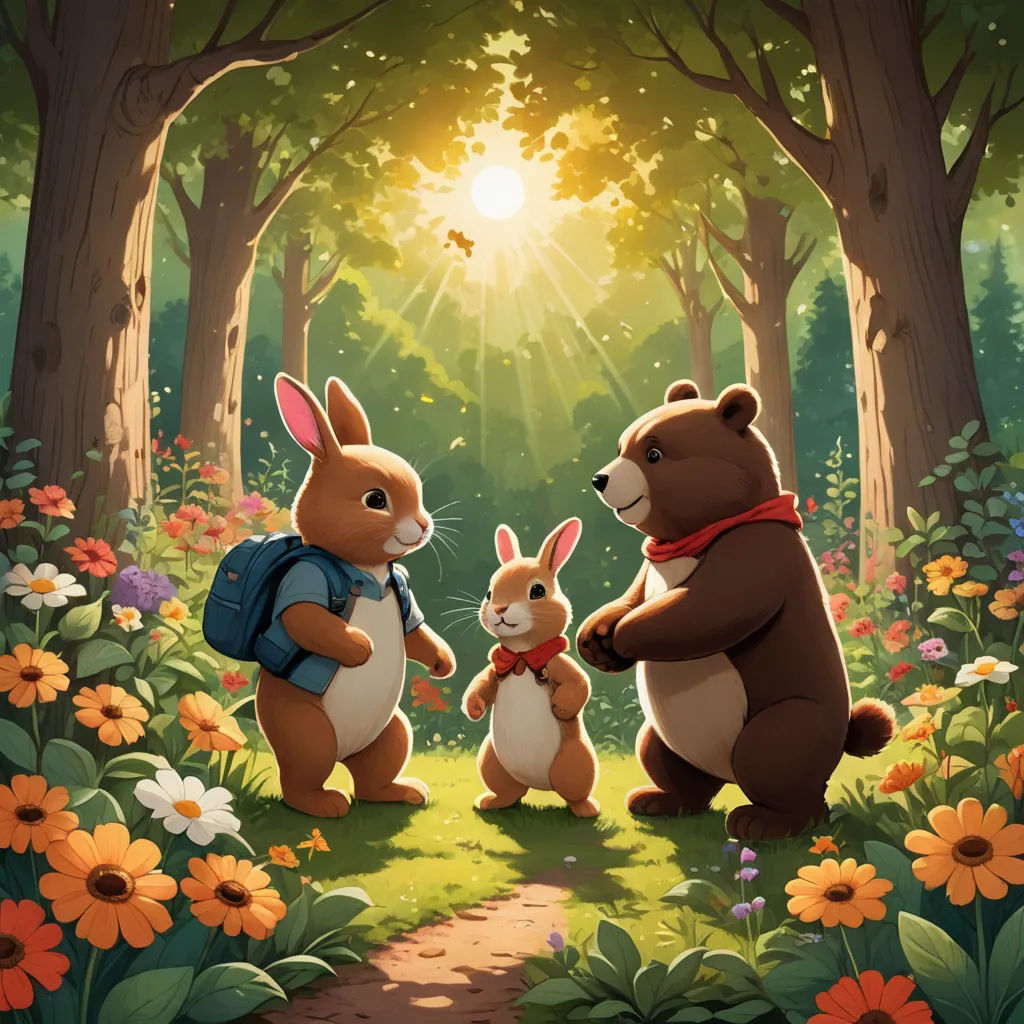 a couple of animals that are standing in the grass near trees and flowers with a light shining on them, furry art, a storybook illustration, Chris LaBrooy, official art
