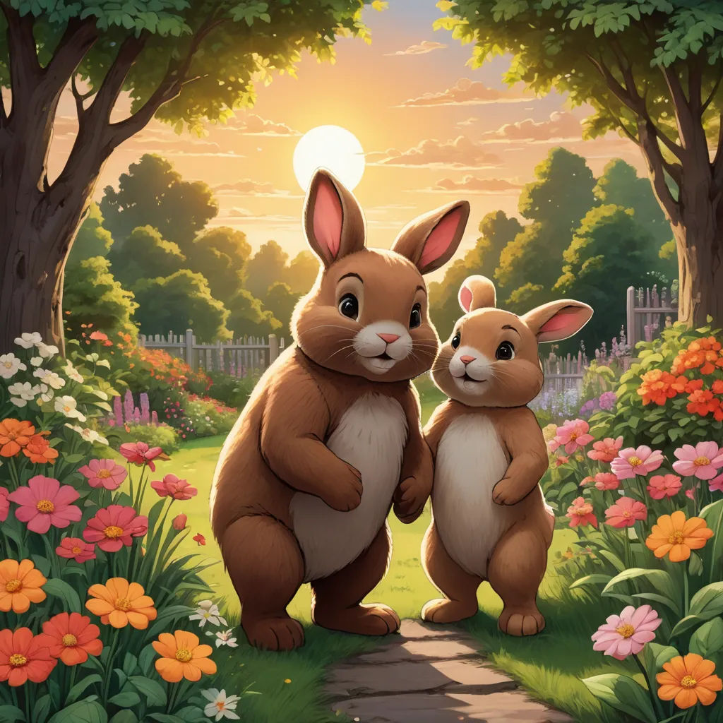 a couple of rabbits standing next to each other in a field of flowers and trees with the sun setting behind them, furry art, a storybook illustration, Beatrix Potter, rossdraws global illumination