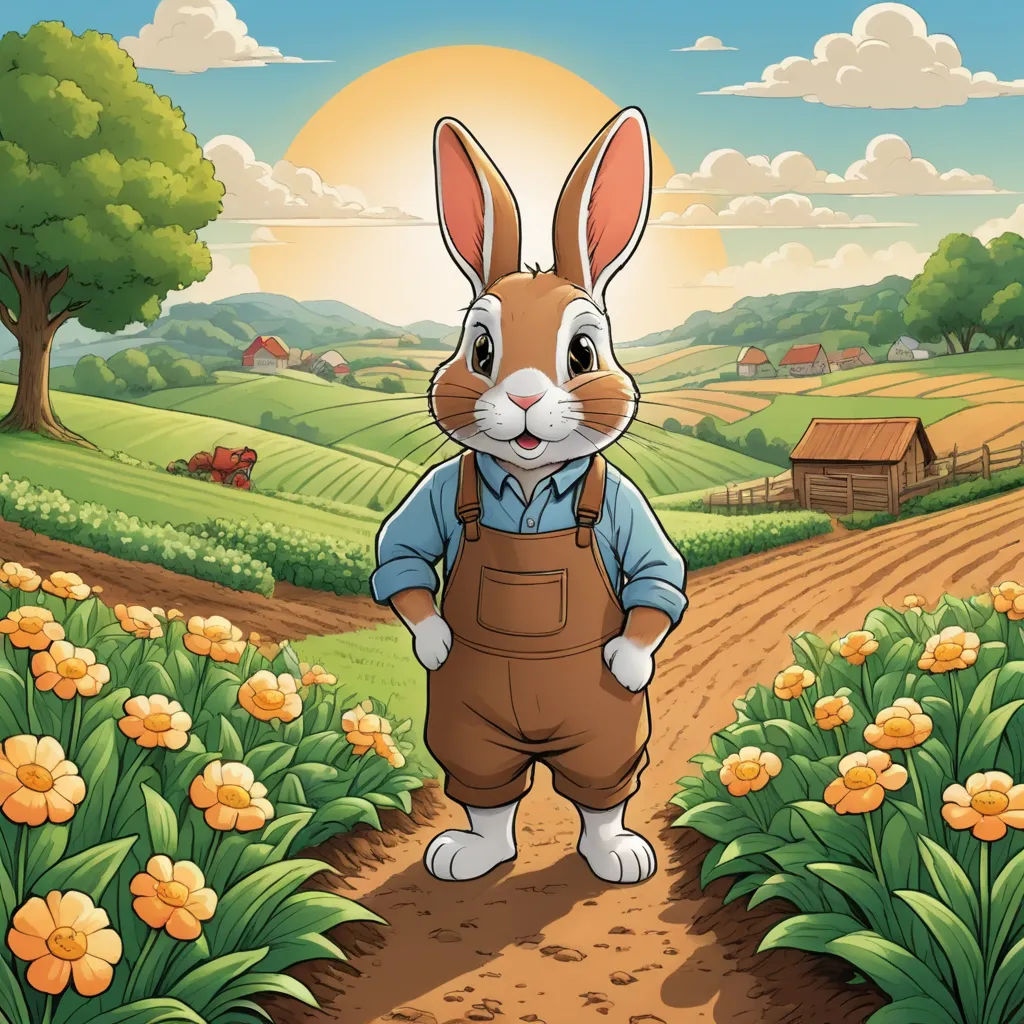 a rabbit standing in a field with flowers and a house in the background with a sun in the sky, furry art, a storybook illustration, Beatrix Potter, promotional image
