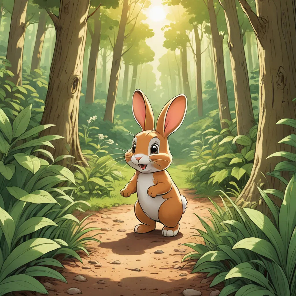 a rabbit is sitting in the middle of a forest with a trail leading to it and the sun shining through the trees, furry art, a storybook illustration, Chris LaBrooy, official art