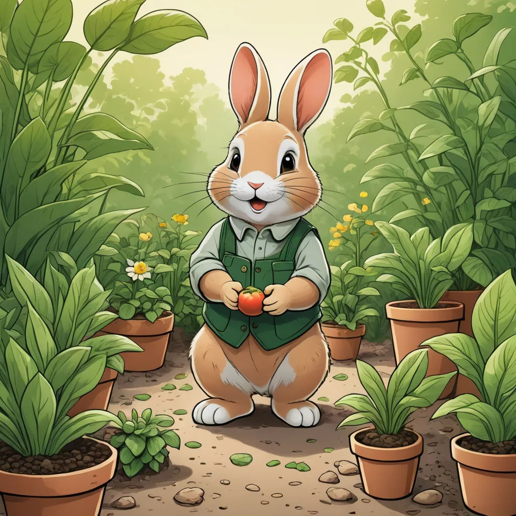 a rabbit is standing in a garden with potted plants and a carrot in his hand, with a green vest on, furry art, a storybook illustration, Beatrix Potter, storybook illustration