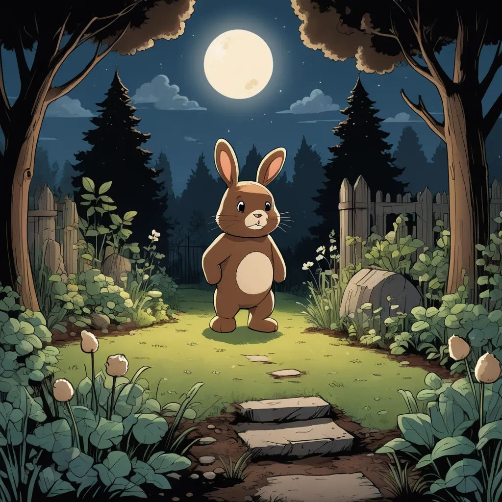 a cartoon rabbit is standing in the middle of a forest at night with a full moon in the background, pop surrealism, a storybook illustration, Dan Mumford, storybook illustration