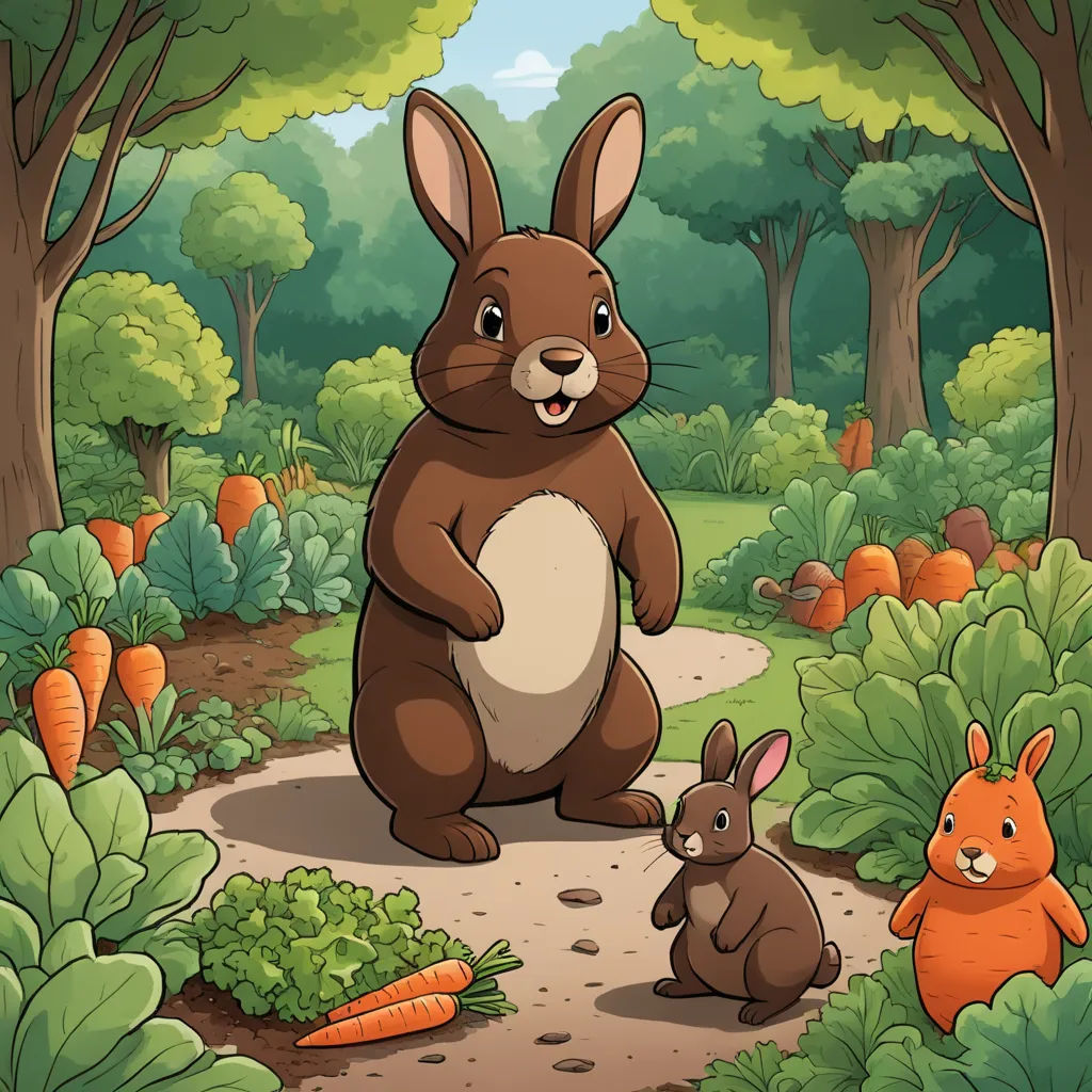 a rabbit and her baby are in the forest with carrots and other plants and trees around them,, sots art, a storybook illustration, Beatrix Potter, storybook illustration