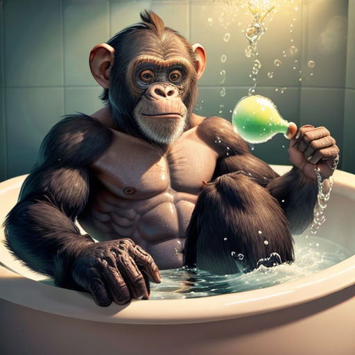 a monkey in a bathtub with a bubble of water in it's mouth and a green ball in its mouth