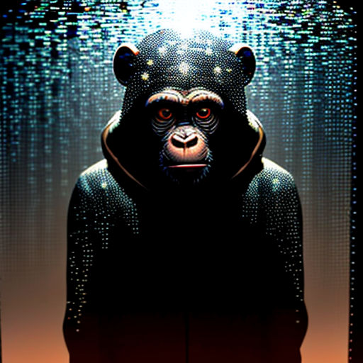 a monkey with a hoodie on and a light shining on it's head and back, with a background of dots