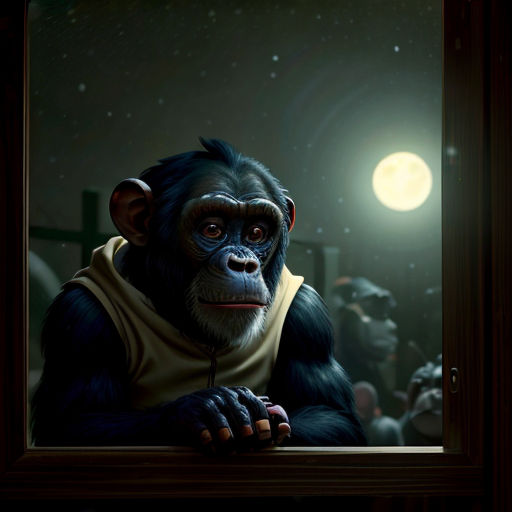 a monkey with a vest on looking out a window at a full moon and a full moon in the sky