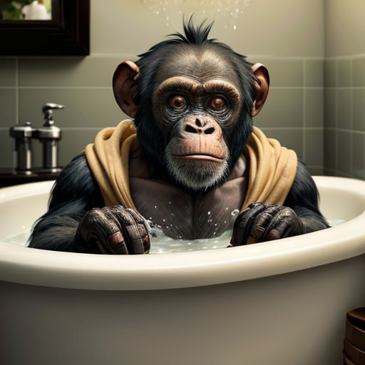 a monkey in a bathtub with a towel on its back and a towel on its back, with a mirror above it
