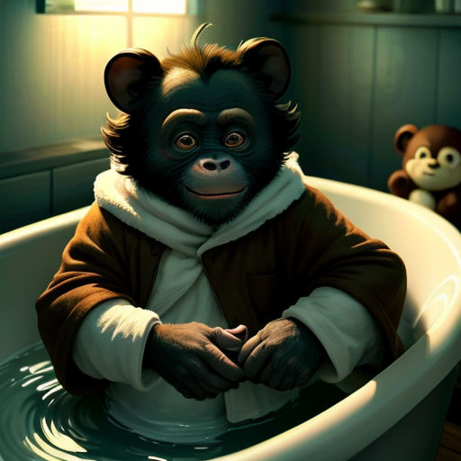 a monkey in a bathtub with a teddy bear in the background and a window behind it, with a light shining in