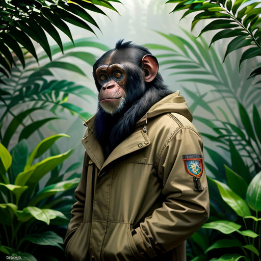 a monkey in a jacket standing in a jungle with palm trees and plants behind him, with a man in a jacket
