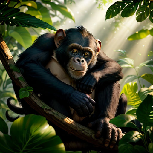 a monkey sitting in a tree with a light shining through the leaves on it's back end and a branch in the foreground