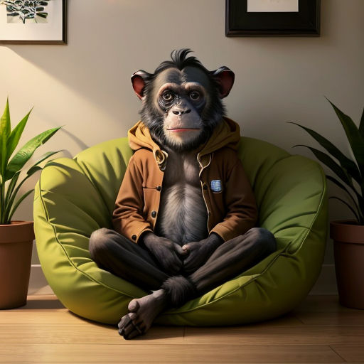 a monkey sitting on a bean bag chair with a jacket on it's back and a potted plant in the corner