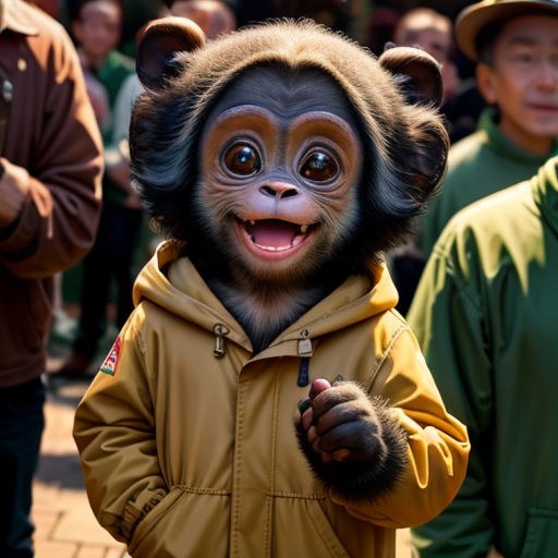 a monkey in a yellow jacket and a monkey in a brown jacket and some people and one person in a brown hat