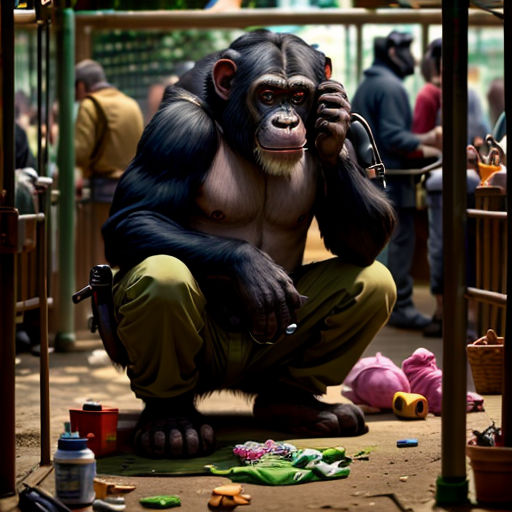 a monkey sitting on the ground with a cell phone in his hand and a bunch of toys around him