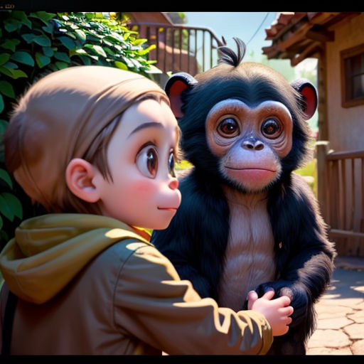 a boy and a monkey are standing next to each other in a zoo scene with a monkey on his back