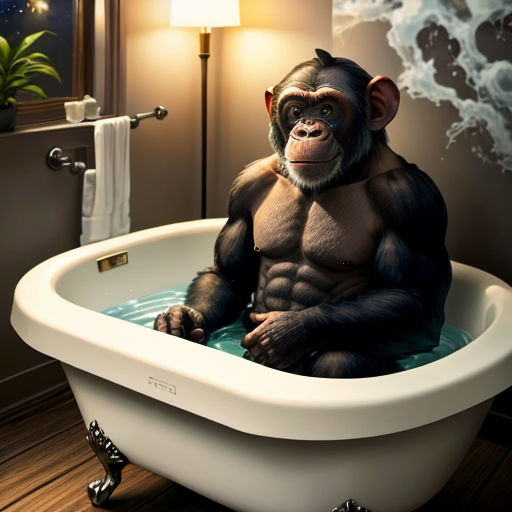 a monkey sitting in a bathtub with a lamp on the side of it and a mirror behind it