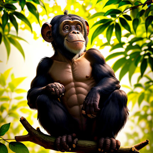 a monkey sitting on a branch in a tree with leaves around it's neck and a shirtless torso