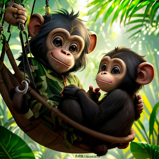 a monkey and a monkey sitting in a hammock together in the jungle with a baby monkey on the back