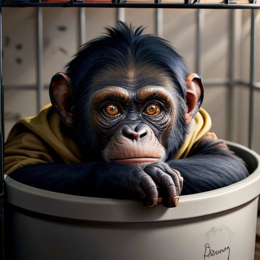 a monkey in a cage with his head resting on his hands and looking at the camera with a serious look on his face