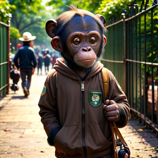a monkey with a backpack and a monkey mask on walking down a sidewalk with a man in a hat