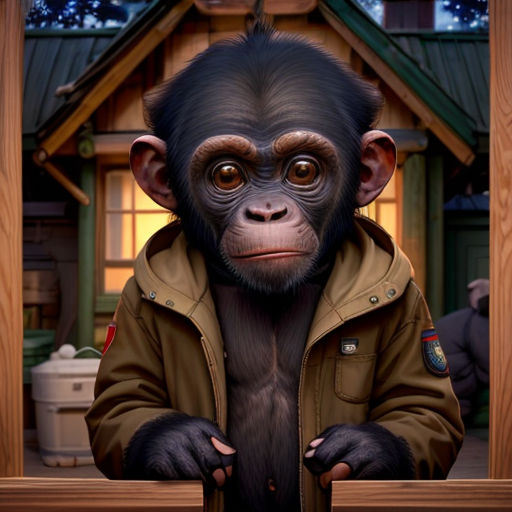 a monkey with a jacket on and a house in the background with a window and a door in the foreground