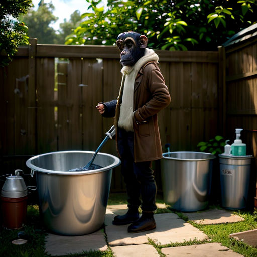 a man in a monkey mask is holding a plunger in a bucket outside in the yard of a house