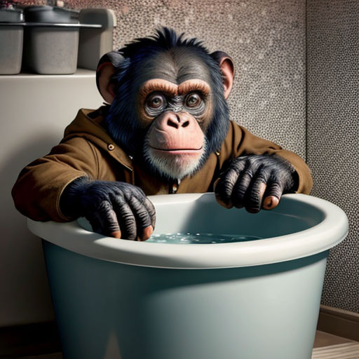 a monkey in a brown jacket is sitting in a toilet bowl with his hands on the rim of the toilet