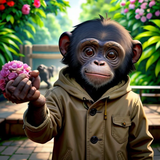 a monkey with a jacket holding a flower in his hand and a monkey in the background with a monkey on his shoulder