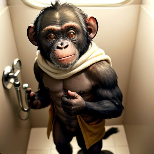 a monkey with a towel around its neck and a towel around its neck, standing in a bathroom stall