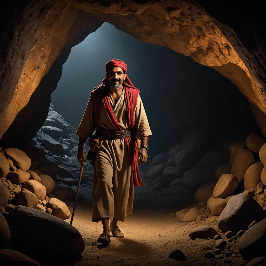 a man in a cave with a cane and a red scarf on walking through a cave with rocks and boulders, dau-al-set, a cave painting, Amir Zand, rembrandt lighting