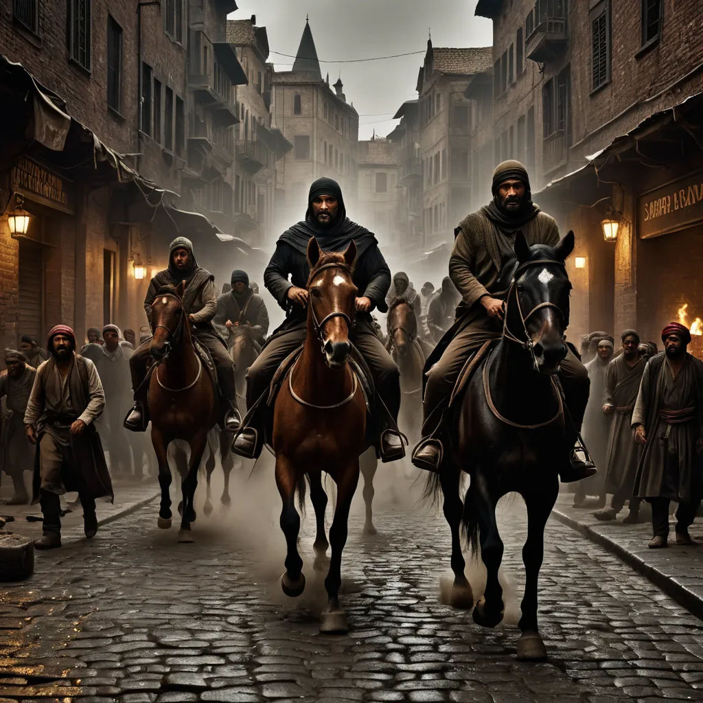 a group of men riding horses down a street next to tall buildings and people walking around them on a cobblestone road, antipodeans, a detailed matte painting, Altoon Sultan, cinematic photography