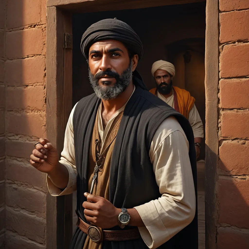 a man with a beard and a black vest and a white shirt and a brown vest and a brick wall, hurufiyya, a character portrait, Farid Mansour, promotional image