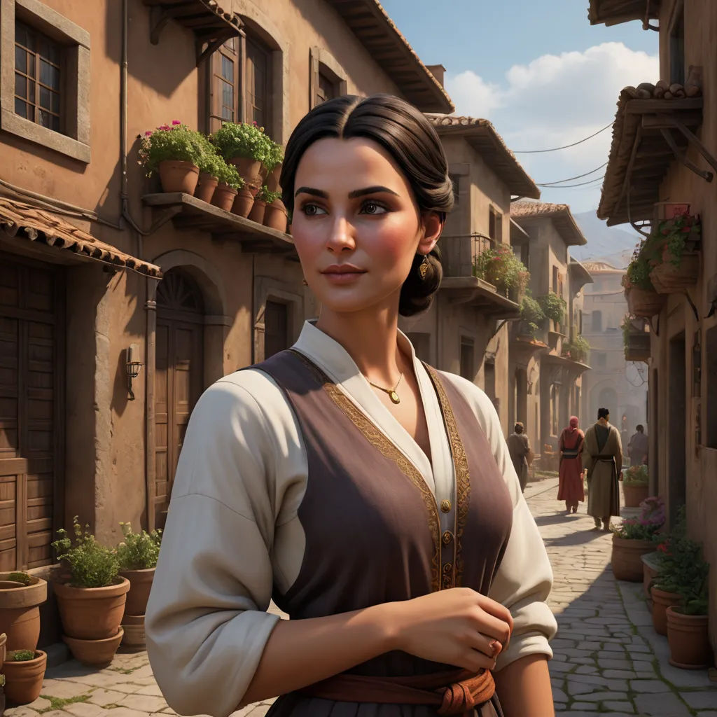 a woman in a brown dress standing in a street next to a building and a man in a brown suit, photorealism, computer graphics, Araceli Gilbert, unreal engine highly rendered