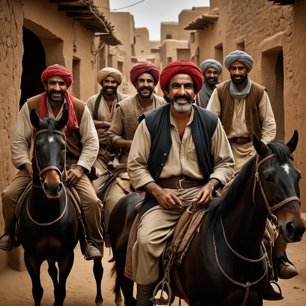 a group of men riding on the backs of horses in a village in india, on a dirt road, dau-al-set, egyptian art, Amir Zand, promotional image