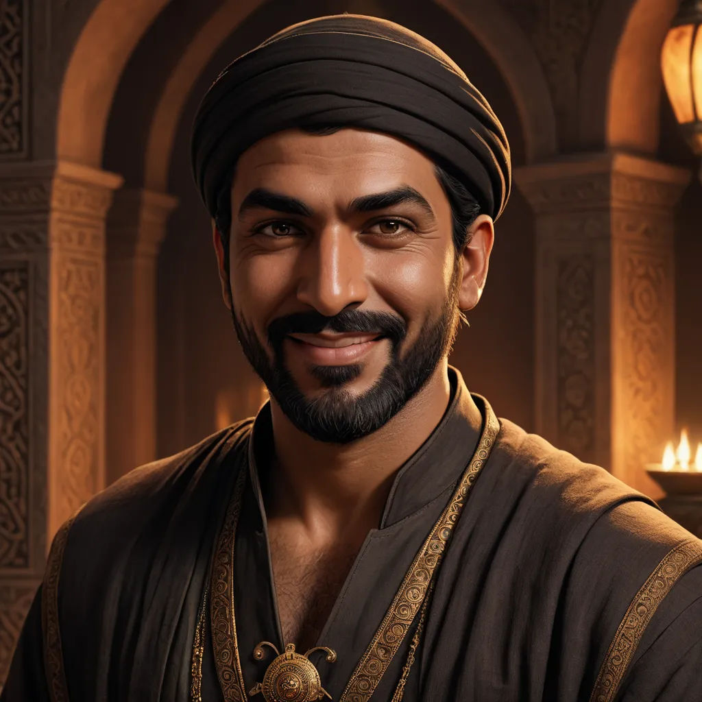 a man with a beard and a turban smiles at the camera in a dark room with a lit candle, hurufiyya, a character portrait, Altoon Sultan, character portrait