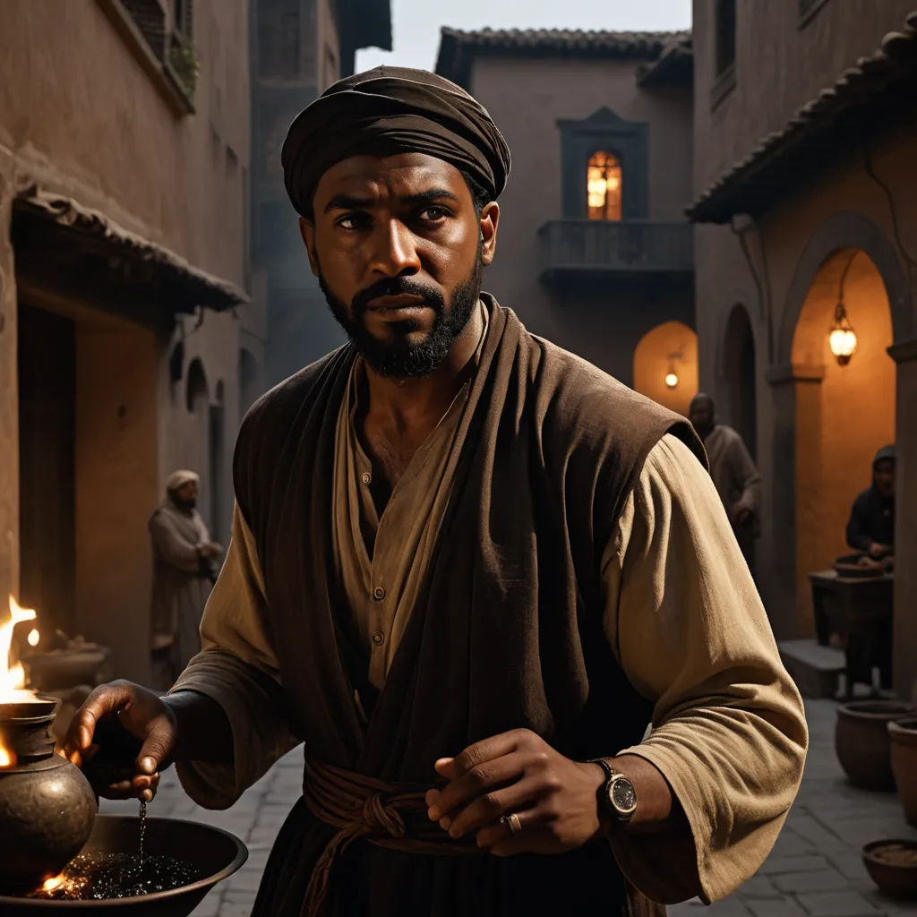 a man in a turban holding a bowl of food in a courtyard area of a building with a lit candle in it, hurufiyya, a character portrait, Derold Page, promotional image