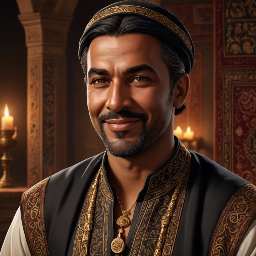 a man in a black and gold outfit smiling at the camera with candles in the background and a candle lit room behind him, qajar art, a character portrait, Altoon Sultan, professional digital painting